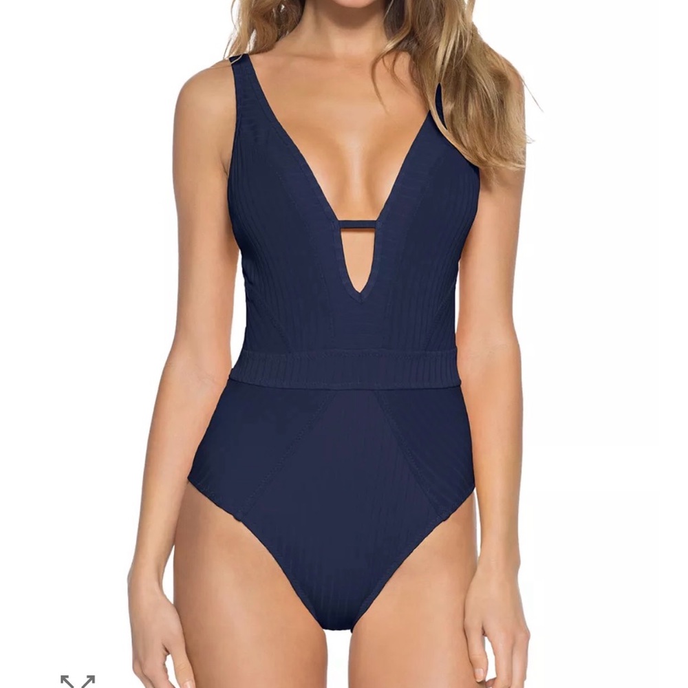 Becca Navy Blue One Piece Swimsuit Womens Medium Ribbed Plunge Keyhole